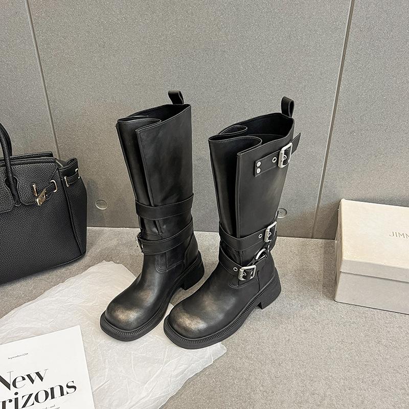 Retro Style Polished Square-Headed Knight Boots Women'S Spring Versatile But Knee-High Boots Slim Casual Boots