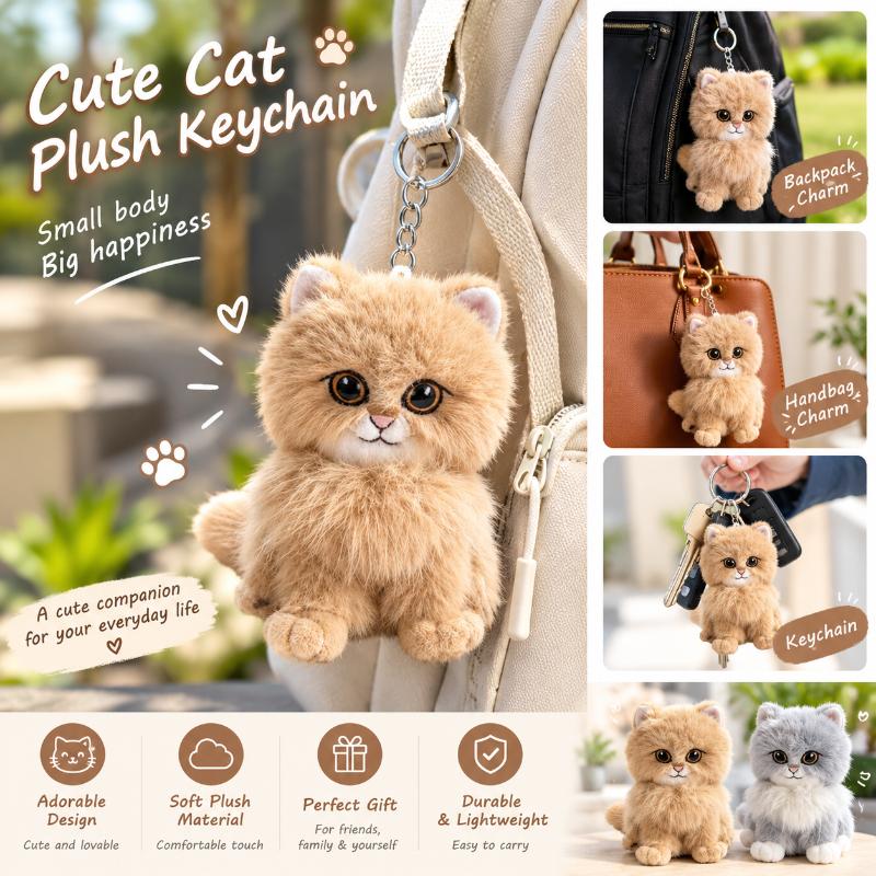 Cute Cartoon Kitten Pendant Cat Keychain Metal Clip Furry Texture Soft Realistic Kitten Shape Bag Charm Animal Keychain Gift