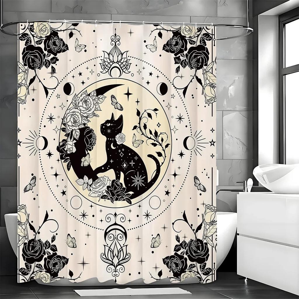Witch Black Cat Moon Phase Beige Stars Mystic Celestial Decorative Shower Curtain, Bathroom Decorative Shower Curtain, Waterproo