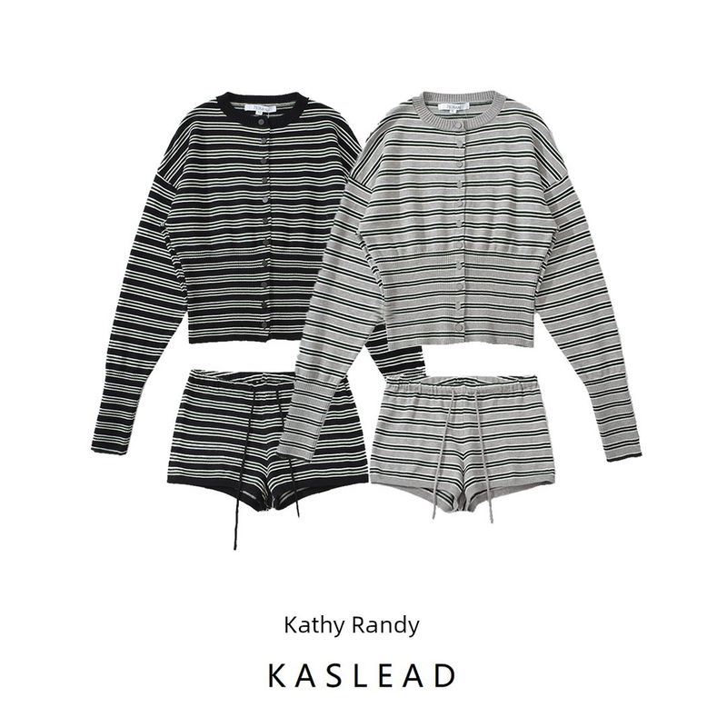 Kaslead New Women Clothes Western Style Fashion Simple Stripe Cardigan Sweater Leisure Shorts Set