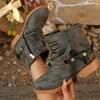 Women's Large Size High Heel Round Toe Buckle Side Zip Chunky Heel Casual Ankle Boots.