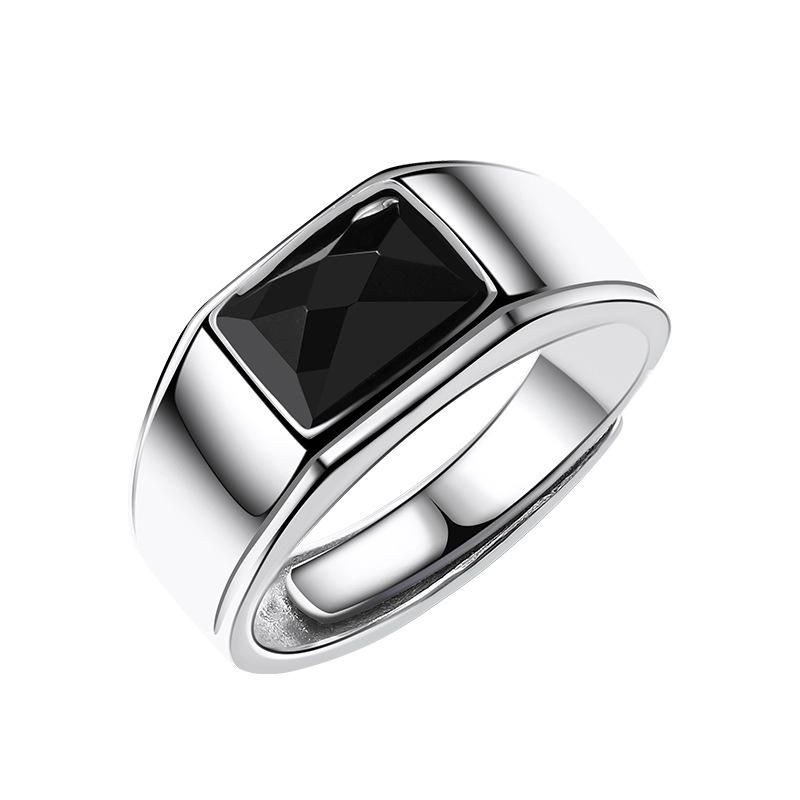 925 Sterling Silver Men's & Women's Open Ring with Black Agate - Elegant and Unique Design