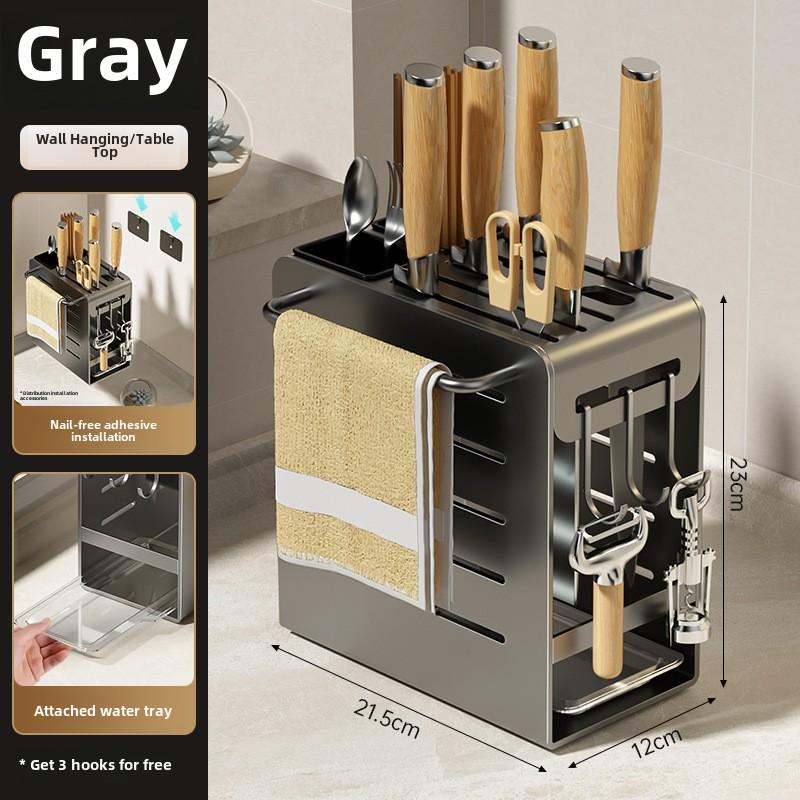 Kitchen Wall Mount Knife Holder Organizer Rack with Chopstick Storage and Dish Drying Tray, No Drilling Required