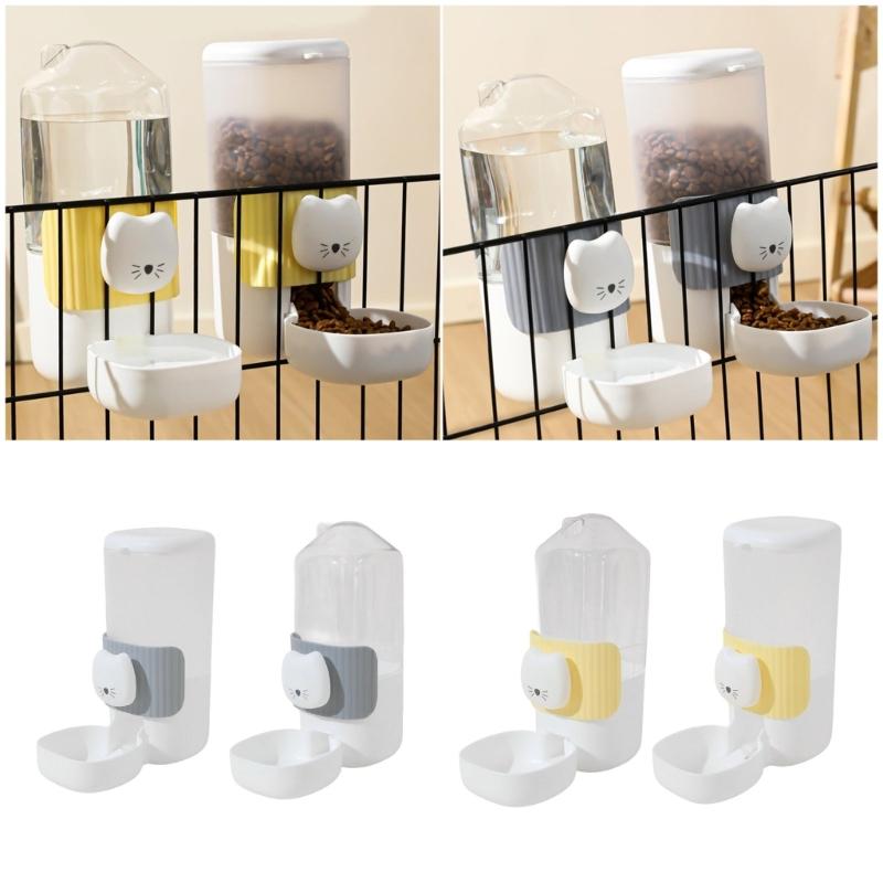 2PCS Cage Mounted Automatic Pet Food Water Dispenser with Cartoon Cats Design Easy Installation For Home Feeding Supply