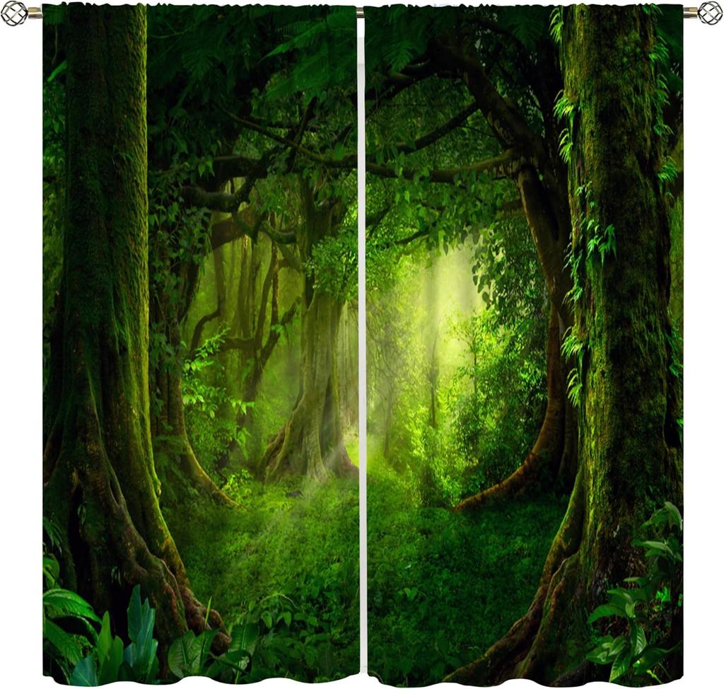 Fantasy Forest Blackout Curtains Mysterious Jungle Forest Round Door Pink Rose Pattern Living Room Curtains Kitchen Bedroom