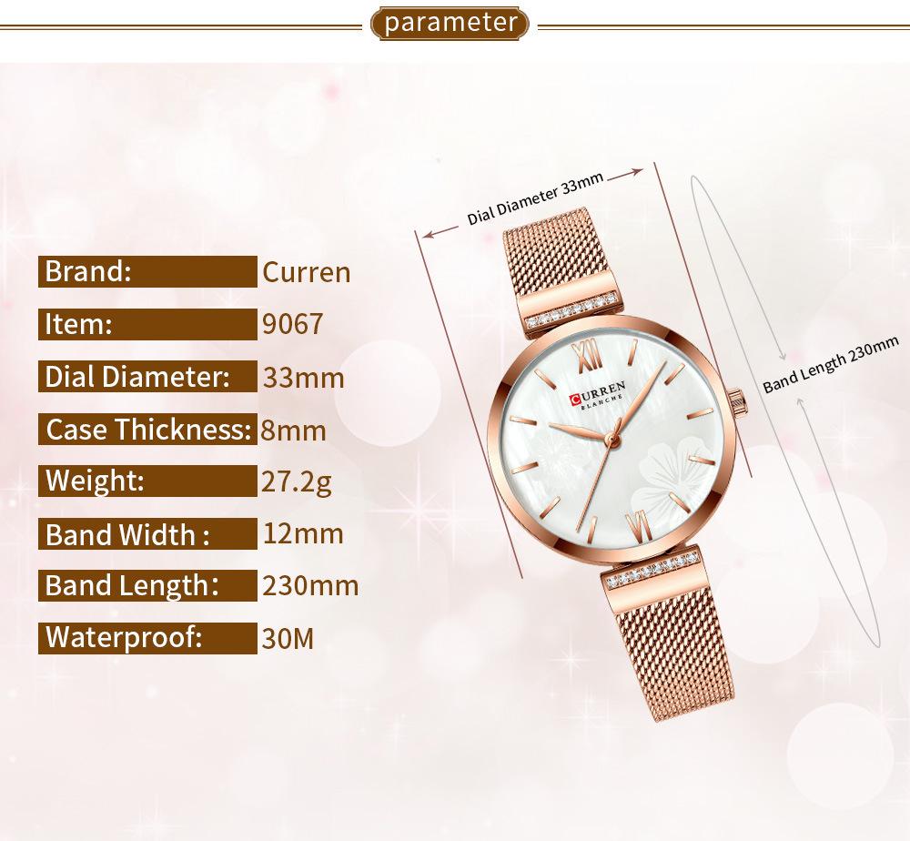 Curren 9067 Wasserdichte Quarz-Modeuhr für Damen mit Netzarmband