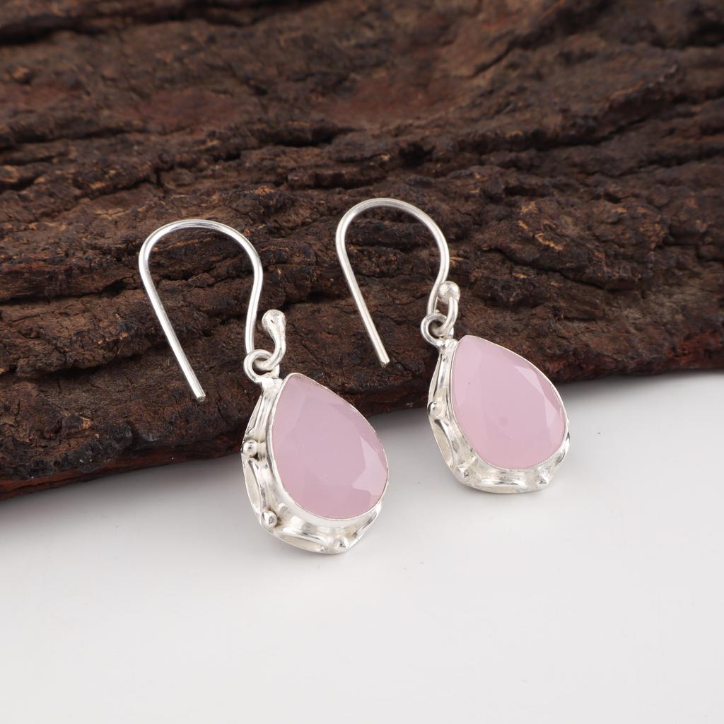 Rose Chalcedony Jewelry, 925 Solid Sterling Silver Earrings, Handmade Gemstone Jewelry Earrings For Memorial Day