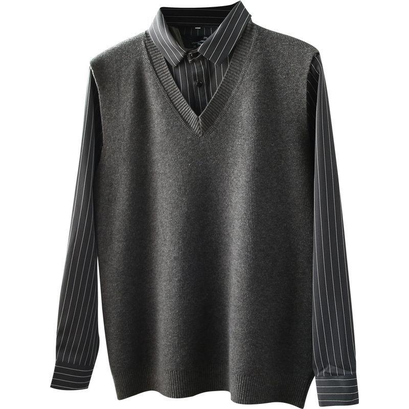 British-Style Knit Vest Shirt: Soft, Textured, Casual Two-in-One Sweater for Men - Perfect for Autumn and Winter.
