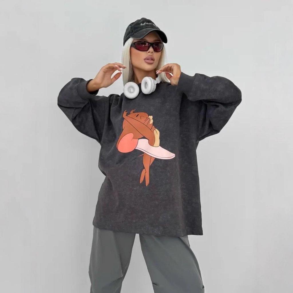 Vintage Print Washed Black Loose-Fit Cotton Long-Sleeve T-Shirt for Women