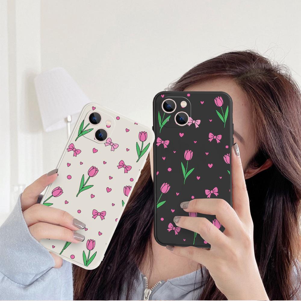 Ins Style Women's Tulip Mobile Phone Case Is Suitable for Apple 17Pro Straight Edge Soft Case Iphone16 Mobile Phone Case.