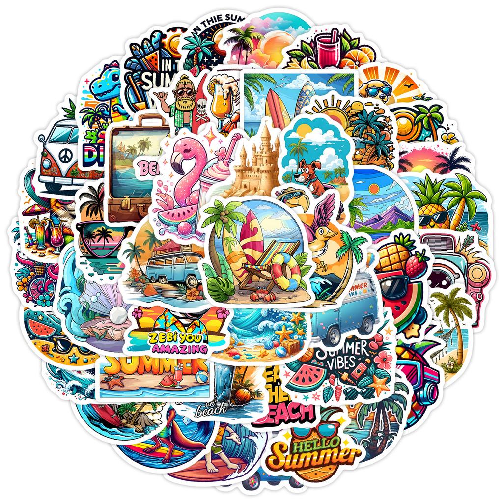 50 Colorful Summer Graffiti Stickers Personalized Vacation Style Beach DIY Water Cup Mobile Phone Waterproof Decorative Stickers