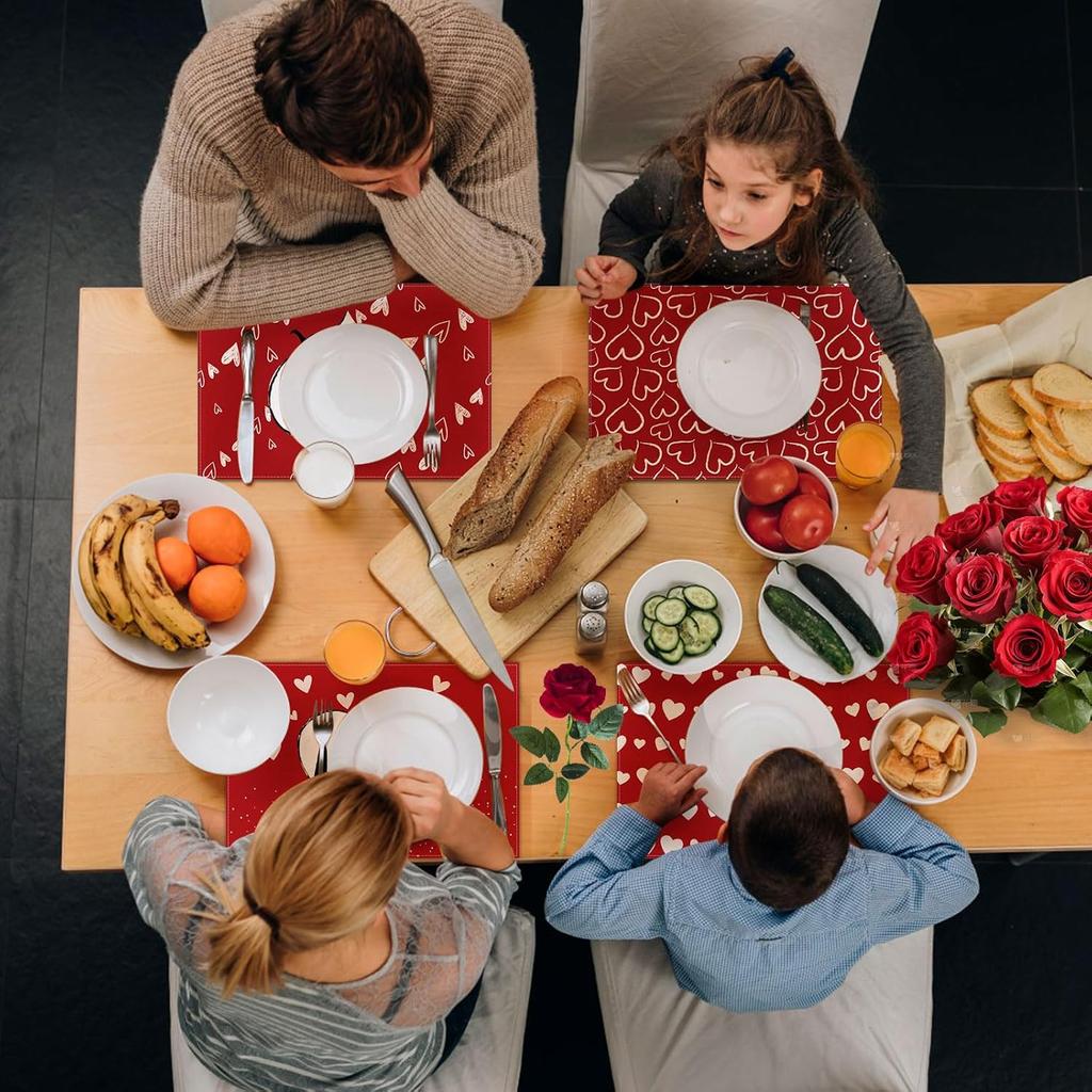 Red Love Valentine's Day Placemats Set of 6, Love Heart Seasonal Farmhouse 12 x 18 Inch Anniversary Wedding Holiday Table Mats for Dining Table Party