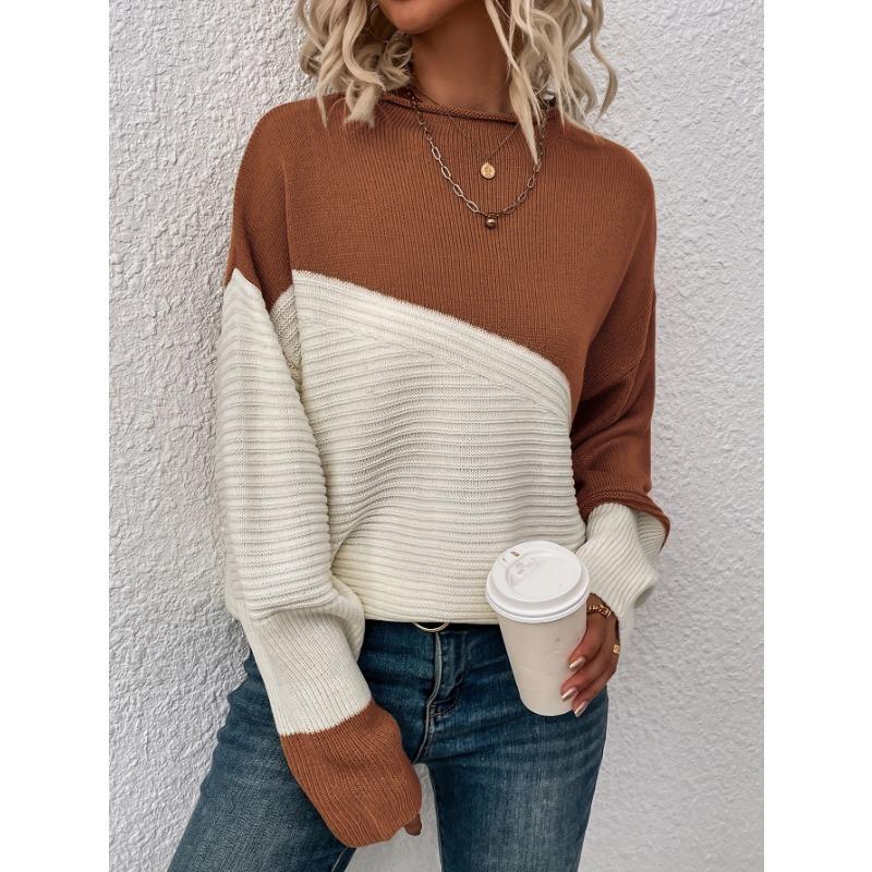 Womens Block Funnel Neck Pullover Sweater Soft High Elasticity Acrylic Knit Fabric Long Sleeve Drop Shoulder Design Perfect for Fall and Winter