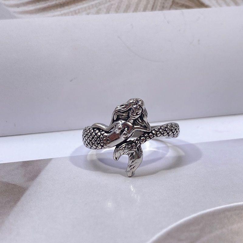 Adjustable Open Ring Men Women Vintage Mermaid Design Geometric Plated Statement Jewelry