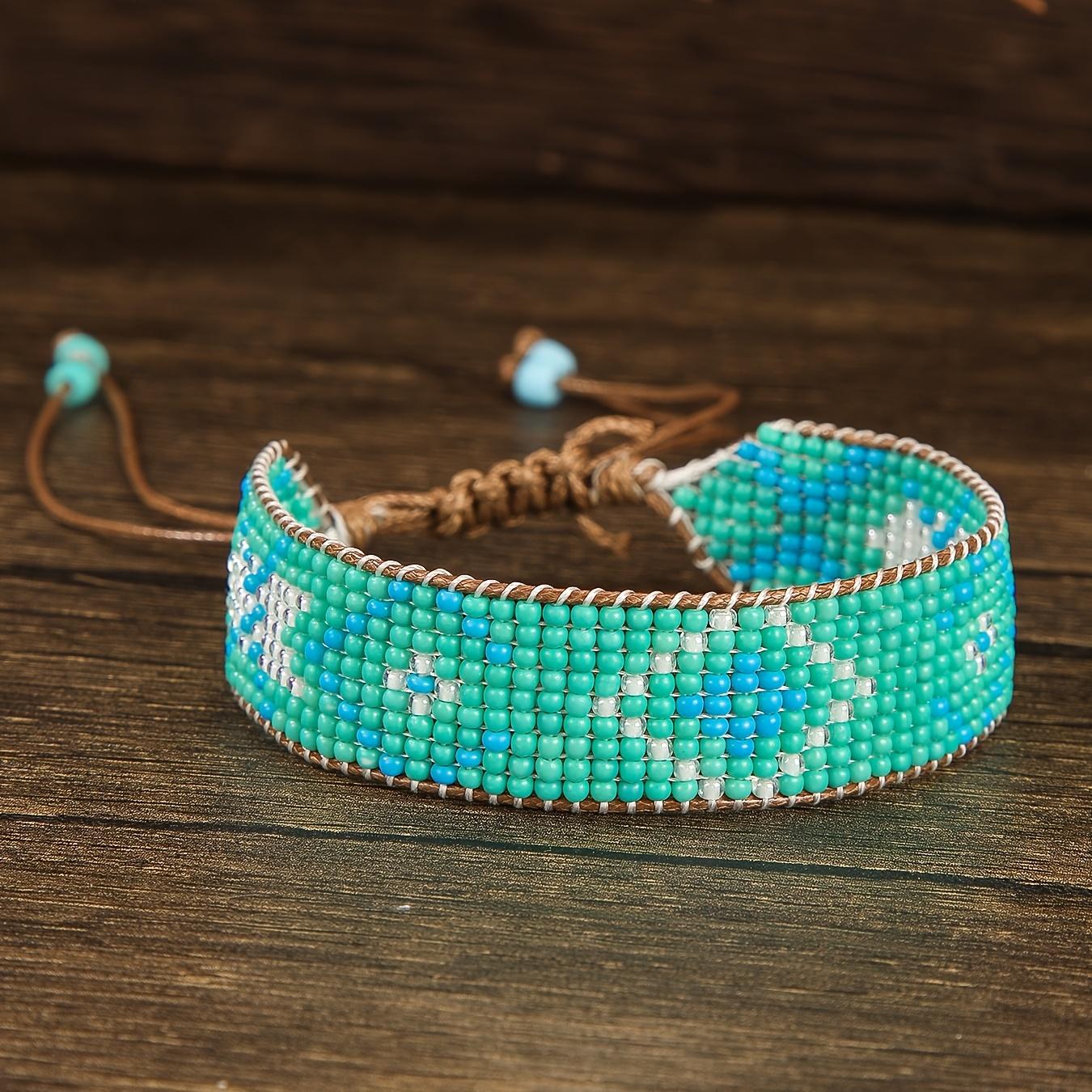 Handgefertigtes Perlenarmband, Vintage Böhmisches Geometrisches Design, Hergestellt aus Glas-Reiskörnerperlen, Perfekt für den täglichen Gebrauch und als Geschenk für Feiertage 03 blue