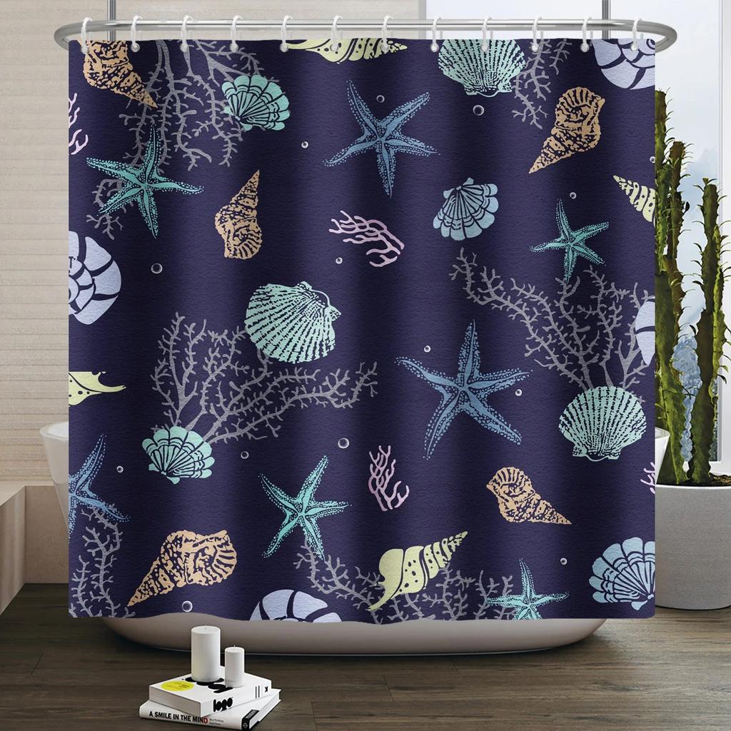 Nautical Coastal Shower Curtain Starfish Coral Seashell Beach Ocean Bathroom Curtain Underwater Marine Waterproof Bath Curtain