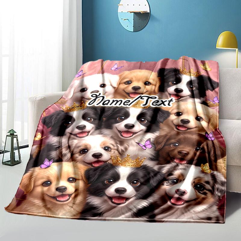 1PC Custom Name Royal Puppies Portrait flannel blanket versatile,all-season throw suitable for the living room,bedroom,camping,travel,and gift
