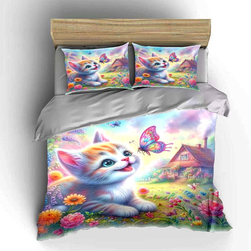 Kitten, Butterfly, Flowers, Cottage. Bedding Sets Duvet Cover Sets Duvet Covers Pillowcases(1*Duvet Cover 2*Pillowcases Without Duvet Insert)
