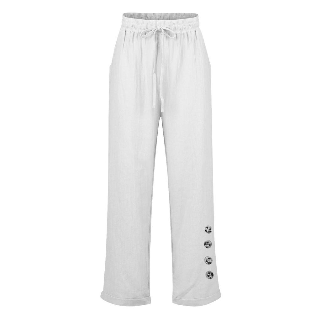 Womens Summer Elastic Waist Pocket Pocket Solid Color Cotton Linen Wide Leg Pants Loose Nine Points Pants