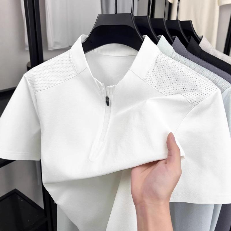 Men's Casual Stand Collar Short Sleeve Polo Shirt with Zipper Detail