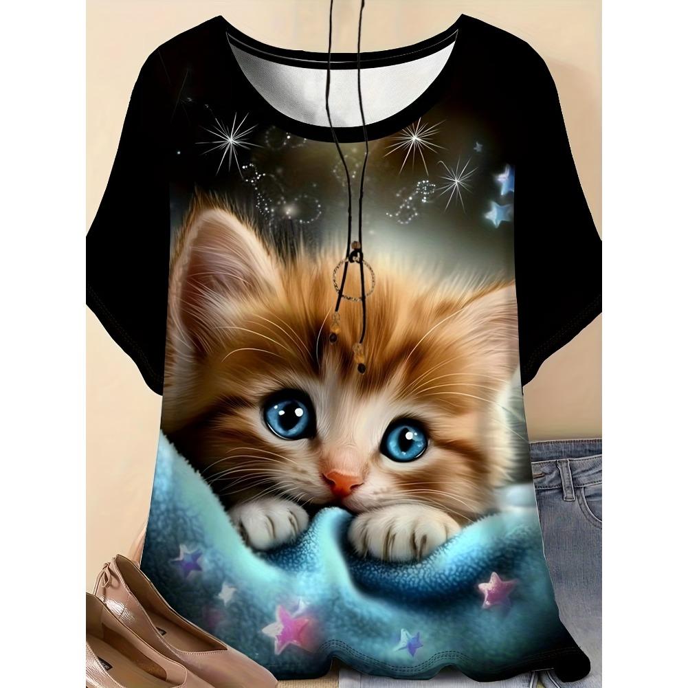 Plus Size Casual Crew Neck Short Sleeve Cat Animal Print T-Shirt - Soft Stretch Polyester Fabric Spring and Summer Womens Relaxed Fit Clothing