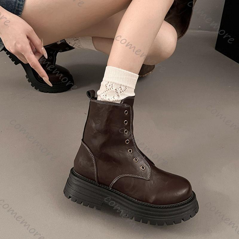 Comemore Women's Ankle Boots Retro Platform Leather Short Leather Gothic Punk Style Women's Shoes Side Zip Borines for Woman