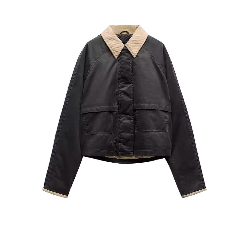 

Spring New Arrival Maillard Lapel Corduroy Contrast Color Neckline Waxing Leather Long Sleeves Outwear Female 4341890 Dark gray L