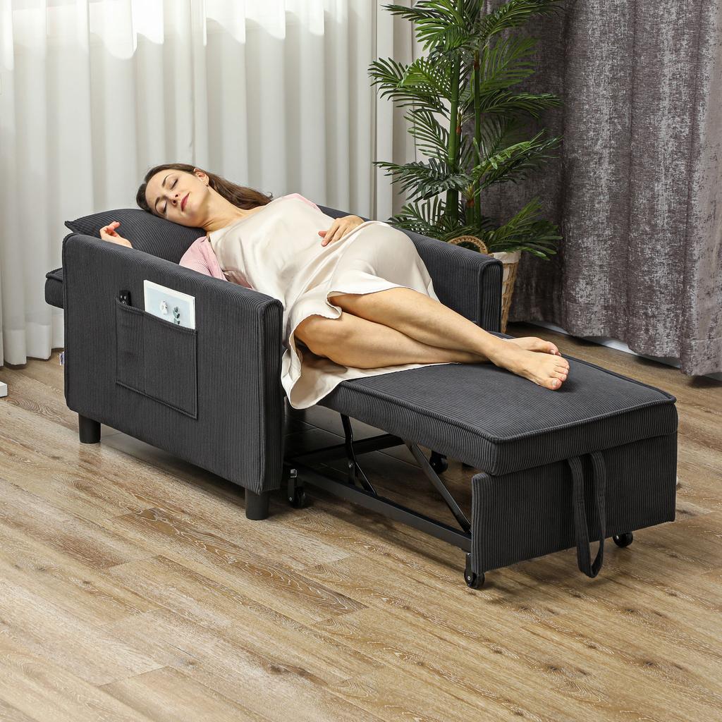 Reclining Sofa Bed Armchair with Side Pockets, In Velvet-Effect Fabric, 74x84x81 Cm, Dark Grey