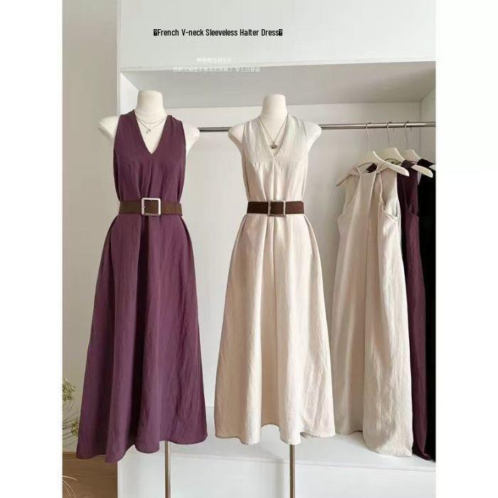 

Women s Elegant Purple V-Neck Halter Dress: Backless, Waist-Cinching, Slimming A-Line Summer 2025 Long Skirt. XL (Recommended 135-155 jin)