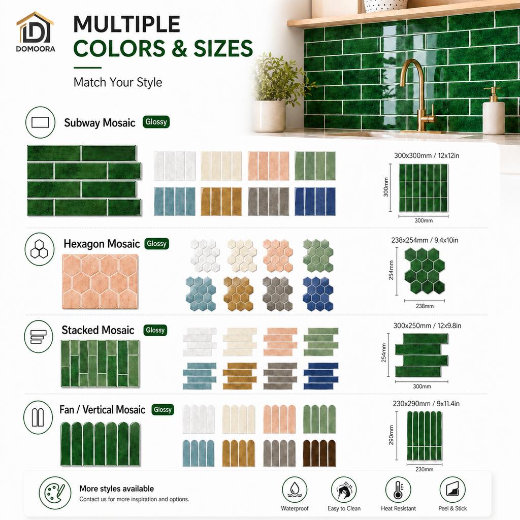 Waterproof Resin Mosaic Subway Wall Tile Peel Stick Glossy Self Adhesive Sheets for Rental House Upgrade Decor