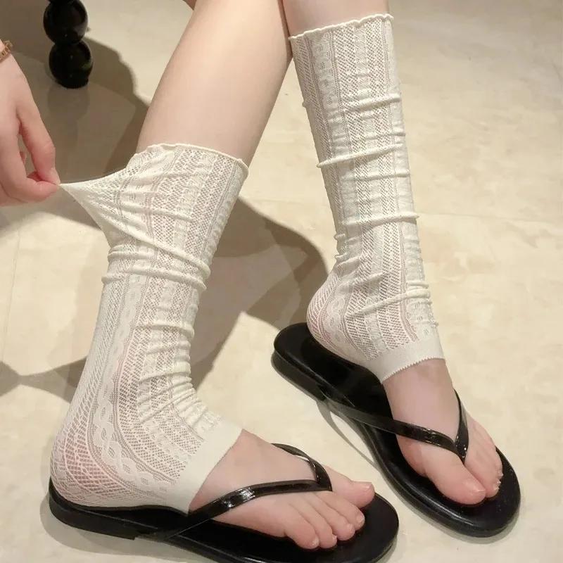 

2026 New Summer Thin Lace Sock Set Women Middle Tube Stacked Socks Korean Ballet Style Boots Leg Set Middle Tube Calf Socks One Size бежевий