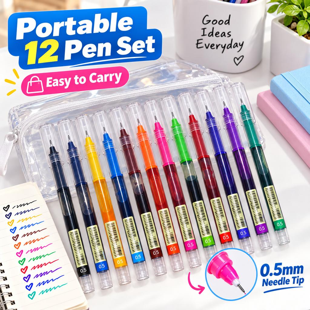 12 Colors 0.5mm Needle Tip Gel Pens Set Multicolor Fine Point Writing Pens for School Study Notes Journaling Office Stationery