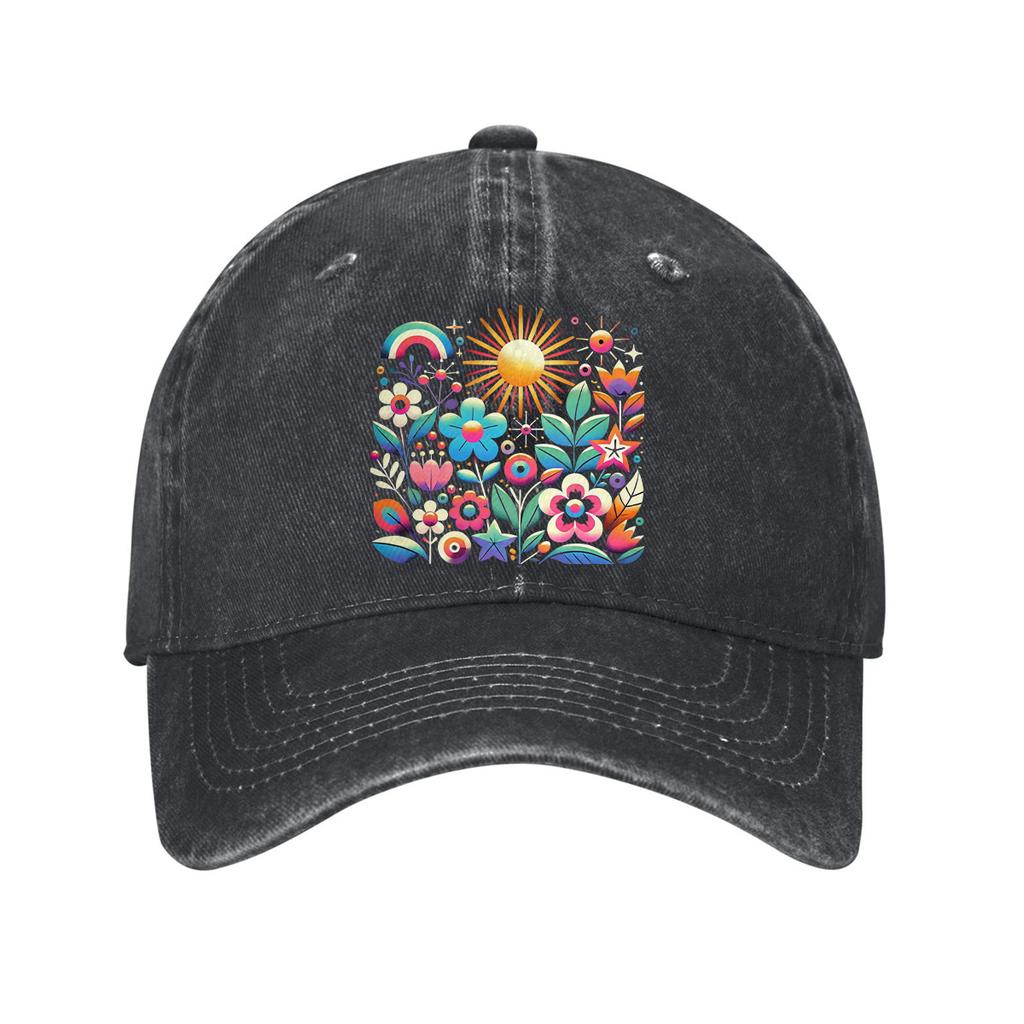 Vibrant Floral Sun Rainbow Baseball Cap Unisex Casual Denim Wash Outdoor Adjustable Adult Dad Hat