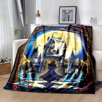 1pc. Beauty and the Beast Castle Moonlight Winter Scene Throw Blanket, Home Decor, Office Blanket, Outdoor Blanket, Gift for Fans