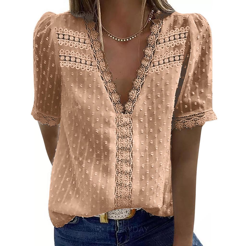New Women's Lace Jacquard V-Neck Short Sleeve Casual T-Shirt