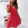 BITCED Moda Estiva Donna Abito Mini a Maniche Corte con Scollo a V Abito da Donna a Pois con Spacco Vestidos per Donna Festa in Spiaggia Abito Boho