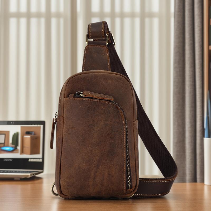 New Genuine Leather Chest Bag, Crazy Horse Leather, High-end Men's Crossbody Bag, Leather Bag, Retro Classic Style Bag