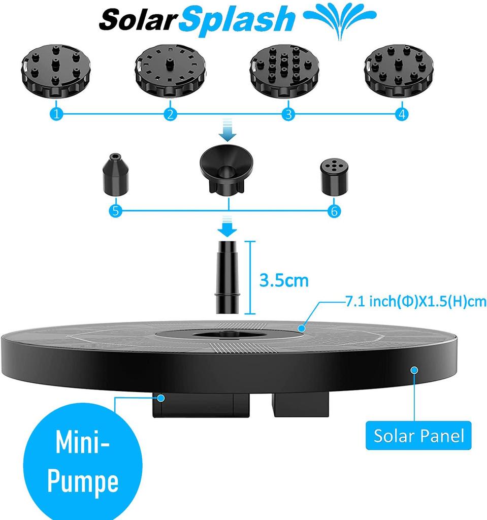 SOLARSPLASH Solar Fountain Pump Water Feature Pond Pump Fountain 3.5w 160mm