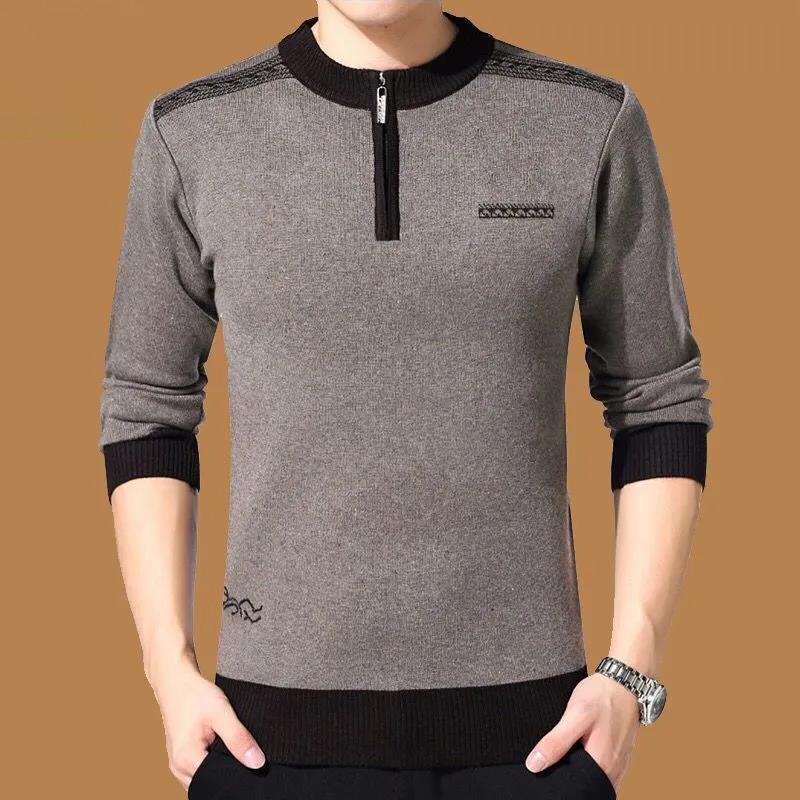 Men's Crew Neck Sweater Autumn Winter Plus Velvet Thick Warmth Pullover Knitted Striped Half Zipper Bottoming Shirt Middle-aged and Elderly Underwear