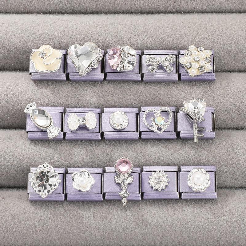 Y2K Purple Series Bow Candy Heart Flower Shiny Italian Charm Links Fit 9MM Stainless Steel Bracelet Girls' DIY Making Jewelry