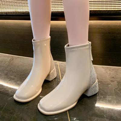 Short Boot 2024 New Luxury Rhinestone Design Low Heel Banquet Women Ankle Boot High Quality PU Leather Spring Autumn Botas Mujer