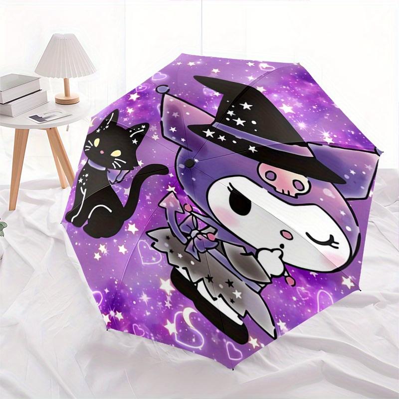 Kuromi Automatic Folding Umbrella-Simple 8-Rib Design, Bright Cartoon Pattern, Durable Iron Frame, Suitable For Travel, Outdoor, Beach-Cute