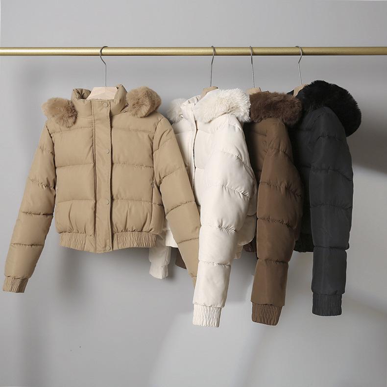 Kviltad dunjacka med huva för dam Vinter Tjock bomullsjacka Varm Bagerijacka Stor pälsbräm Lös bomullsjacka