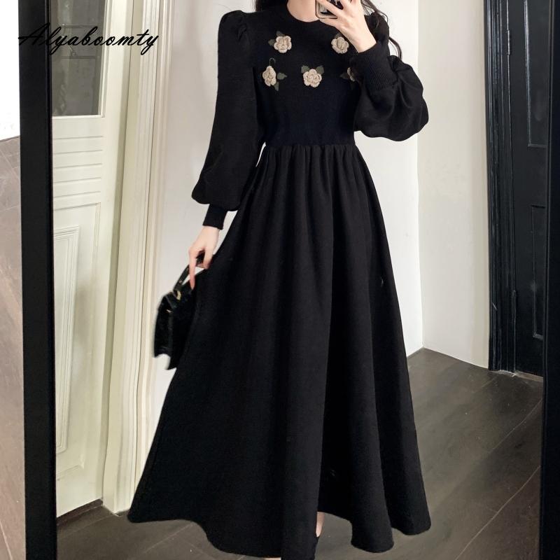 Elegant Fashion Autumn Winter Women Midi Dress O Neck Floral Knitting Corduroy Patchwork Dress Vintage Full Sleeve Warm Dress