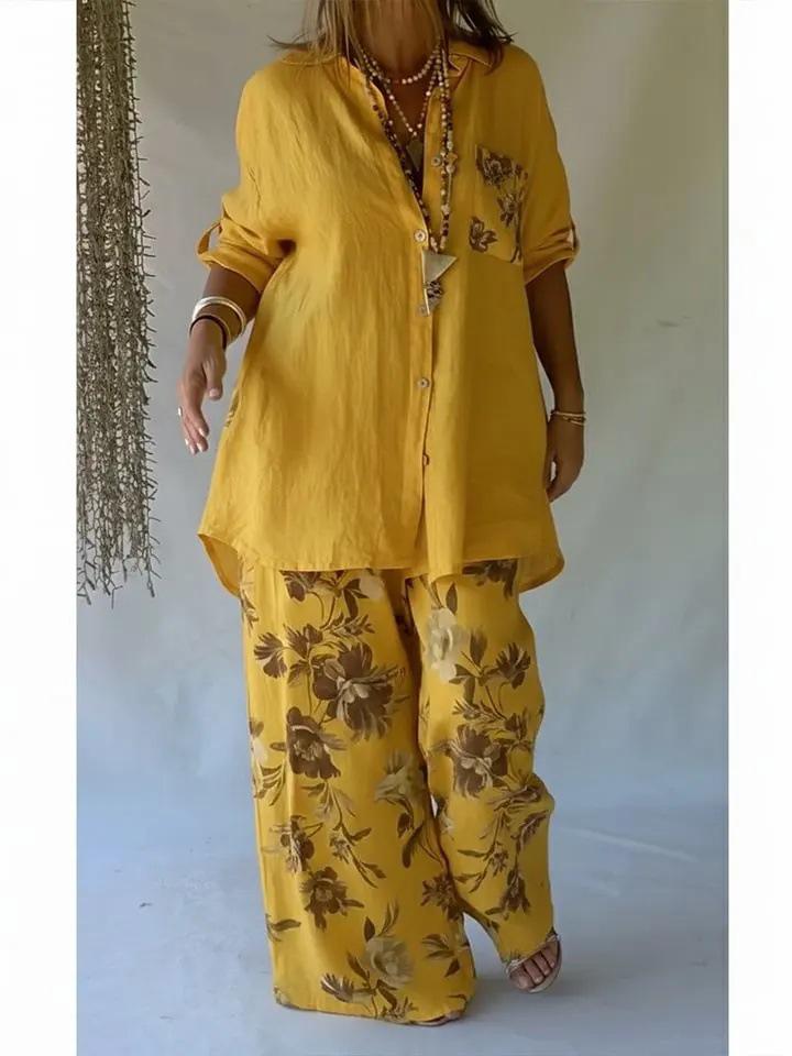 Spring Women's Floral Print Mid-Length Sleeve Top & Long Pants Set 2026
