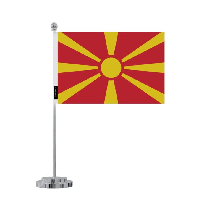 Drapeau De Bureau - Macédoine Du Nord - 14 X 21 Cm - Polyester - Impression Recto/verso - Acier Inoxydable