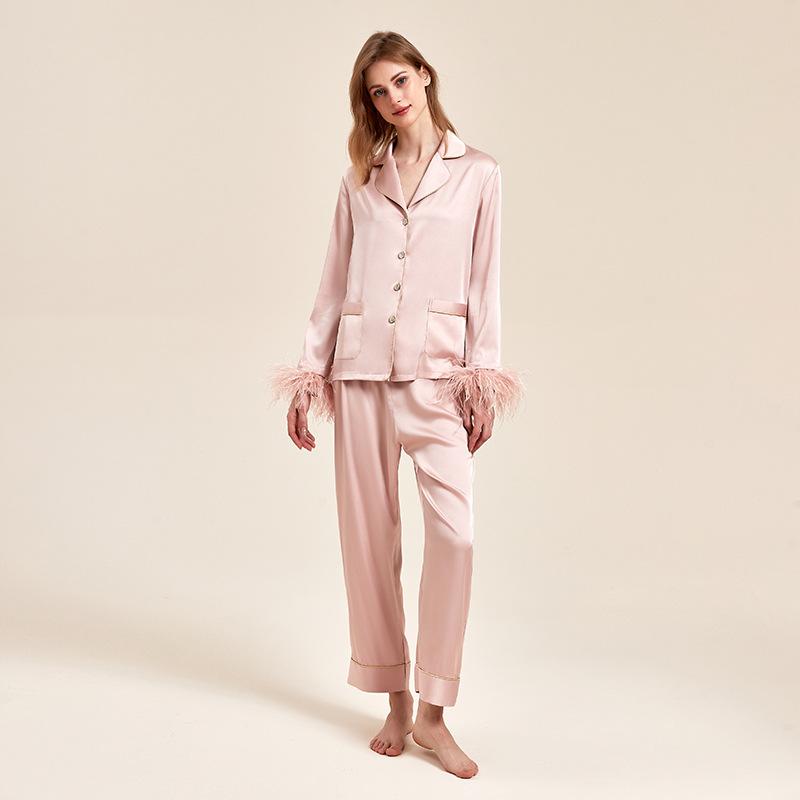 Feather Satin Women's Pajamas Set, High-end Shirt, Cardigan, Trousers, Home Wear, Casual Loose Pajamas, Home Wear