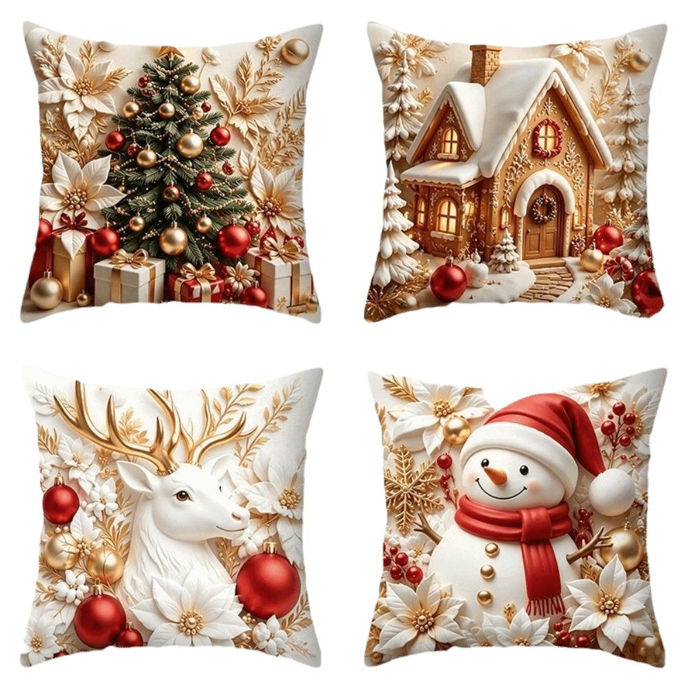 4PCS Tree Flower Christmas Pillow Covers New Year Snowman Pillow Cover Throw Cushion Case Home