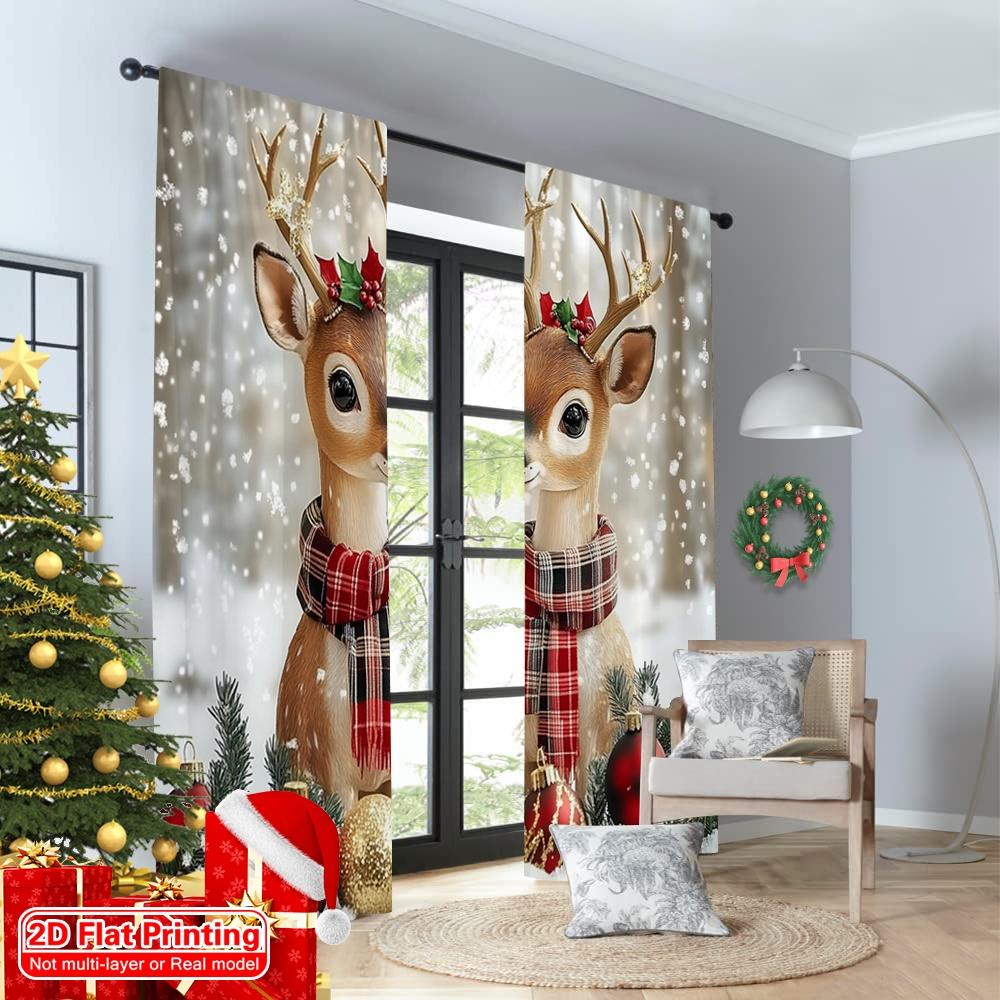 2D Flat Printing 2pcs Window Curtains Christmas Reindeer and Snowflakes Versatile Polyester Fabric Without Electricity Party