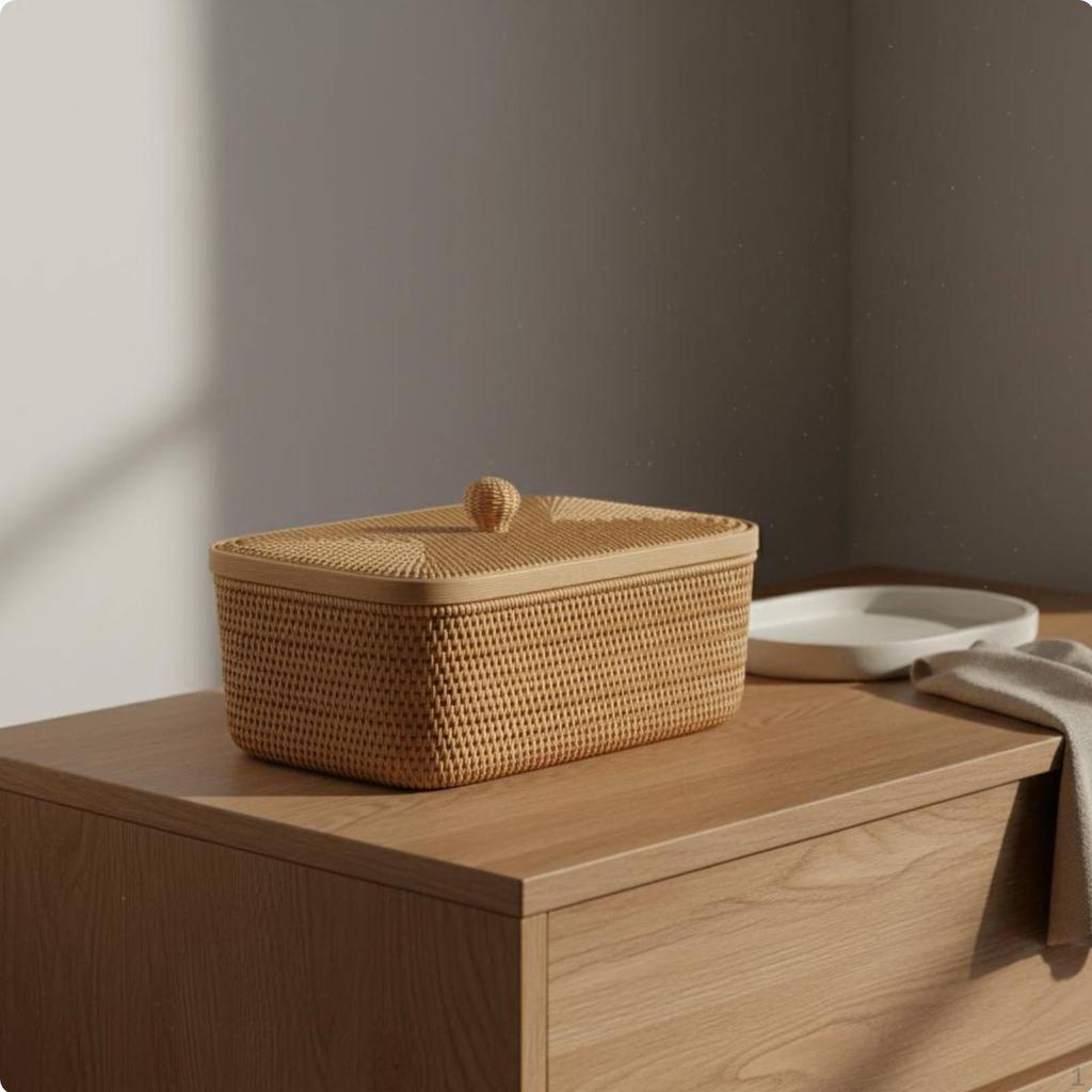 Round Woven Basket with Lid Versatile Imitation Rattan Storage Bin Lidded Decorative for